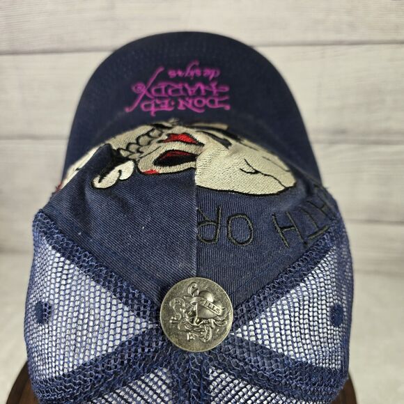 Y2k Ed Hardy Glory Skull Blue Snapback Trucker Hat OS Vintage - Picture 7 of 10